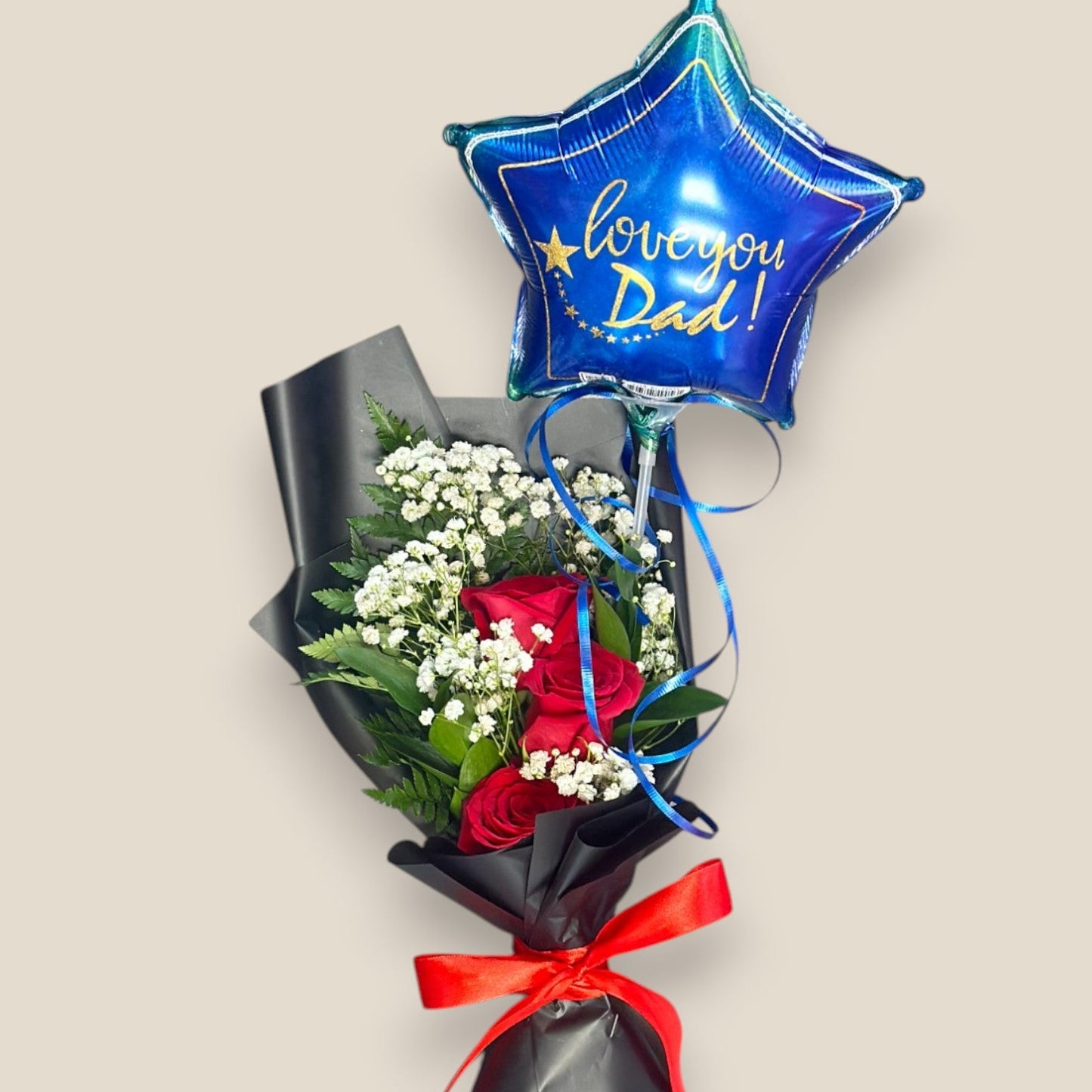 3 Red Roses & “Love You Dad” – 9” Foil Balloon - Magic World Flowers
