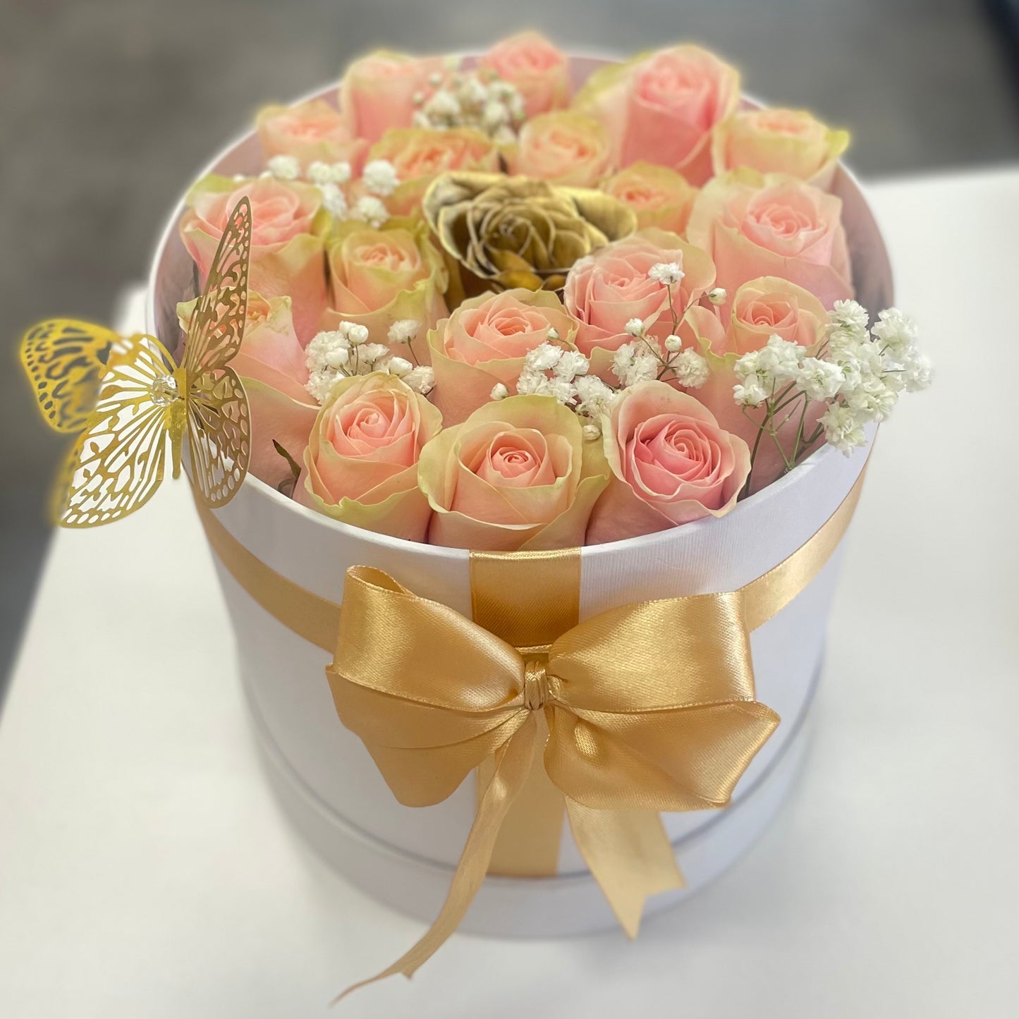 Mother’s Day Luxury Bloom Box – White Cylinder with Gold Rose - Mother's Day Collection