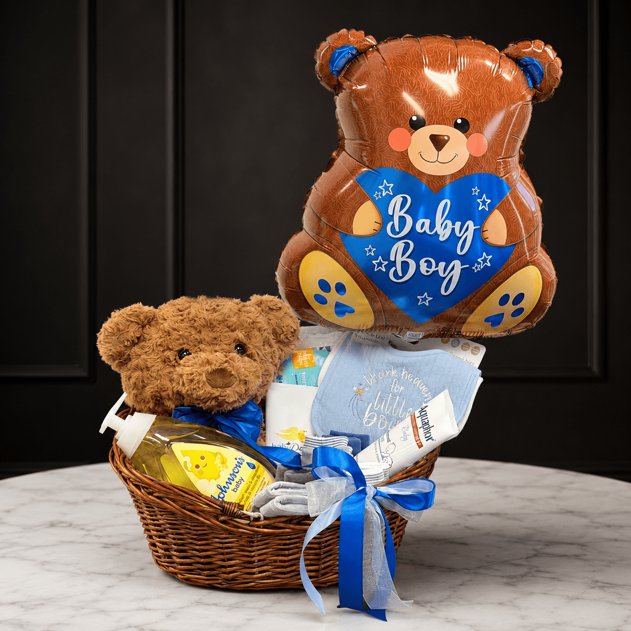 Baby Boy Gift Basket with Teddy Bear & Helium Balloon - Magic World Flowers