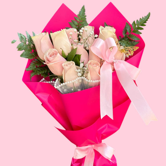 Dozen Pink Roses Bouquet – Hand Wrapped with Butterfly Accent - Magic World Flowers