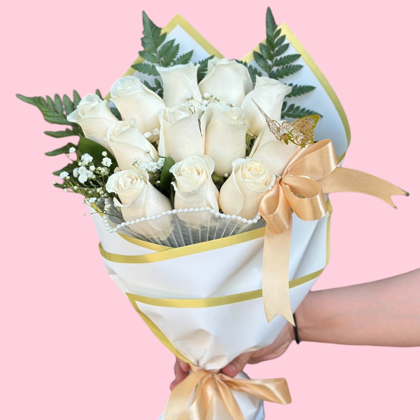 Dozen White Roses – Hand Wrapped with Butterfly Accent - Magic World Flowers