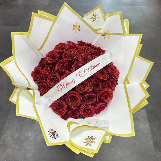 Glitter Roses with Custom Banner - Christmas - Magic World Flowers