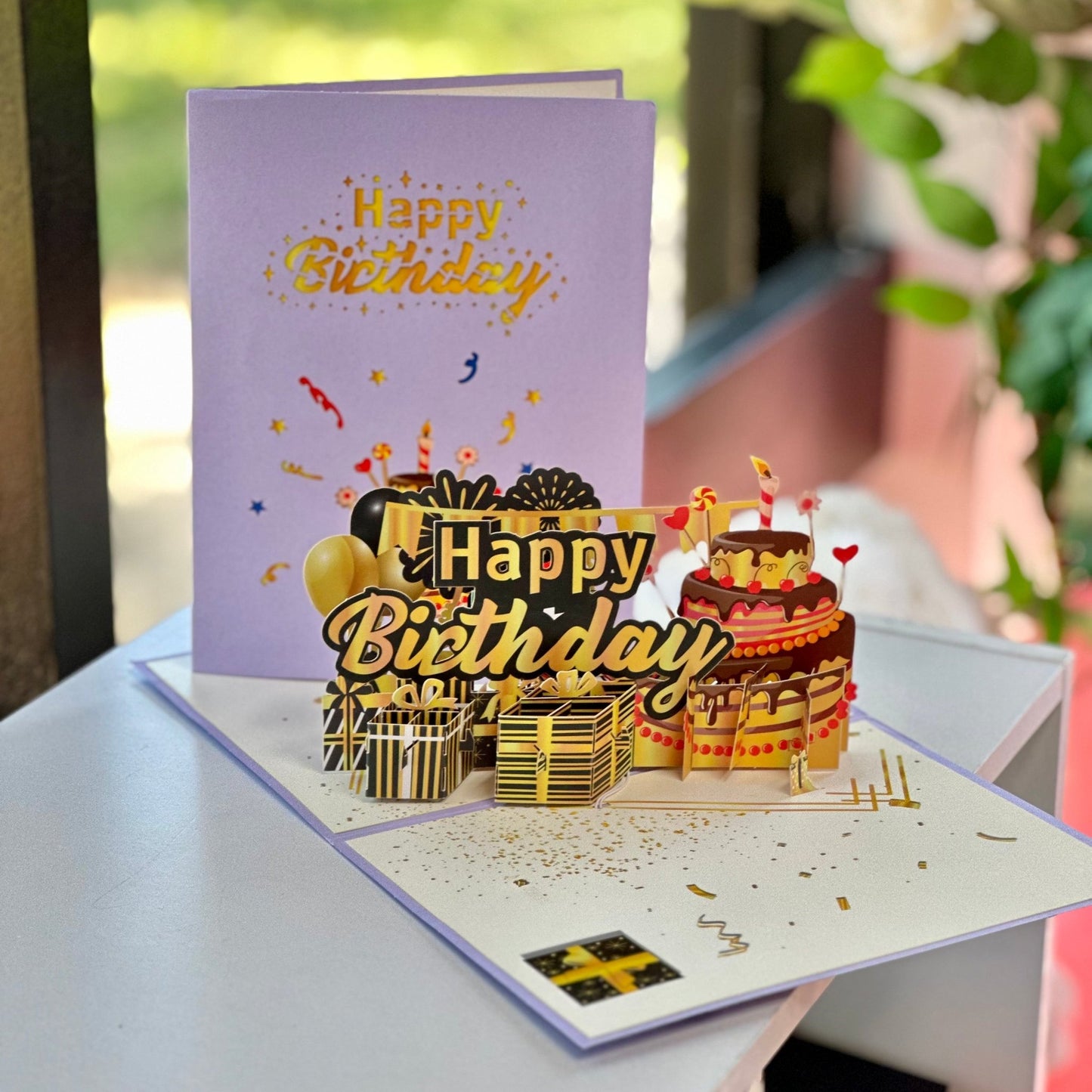 Happy Birthday Pop Up Card - Gold - Magic World Flowers