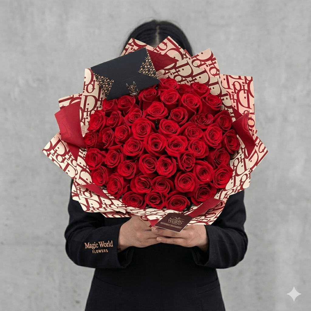 も*も様 Flower ribbon tops Red 50 Red Roses w/Crown & Ribbon arranged by a florist in San Jose