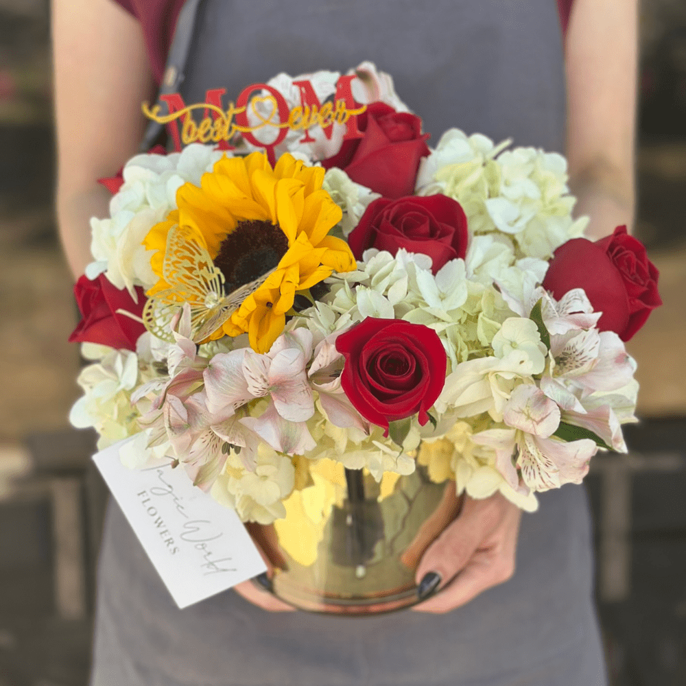 Mother’s Day Flowers Happy Bloom – Gold Cylinder Arrangement - Mother's Day Collection - Magic World Flowers