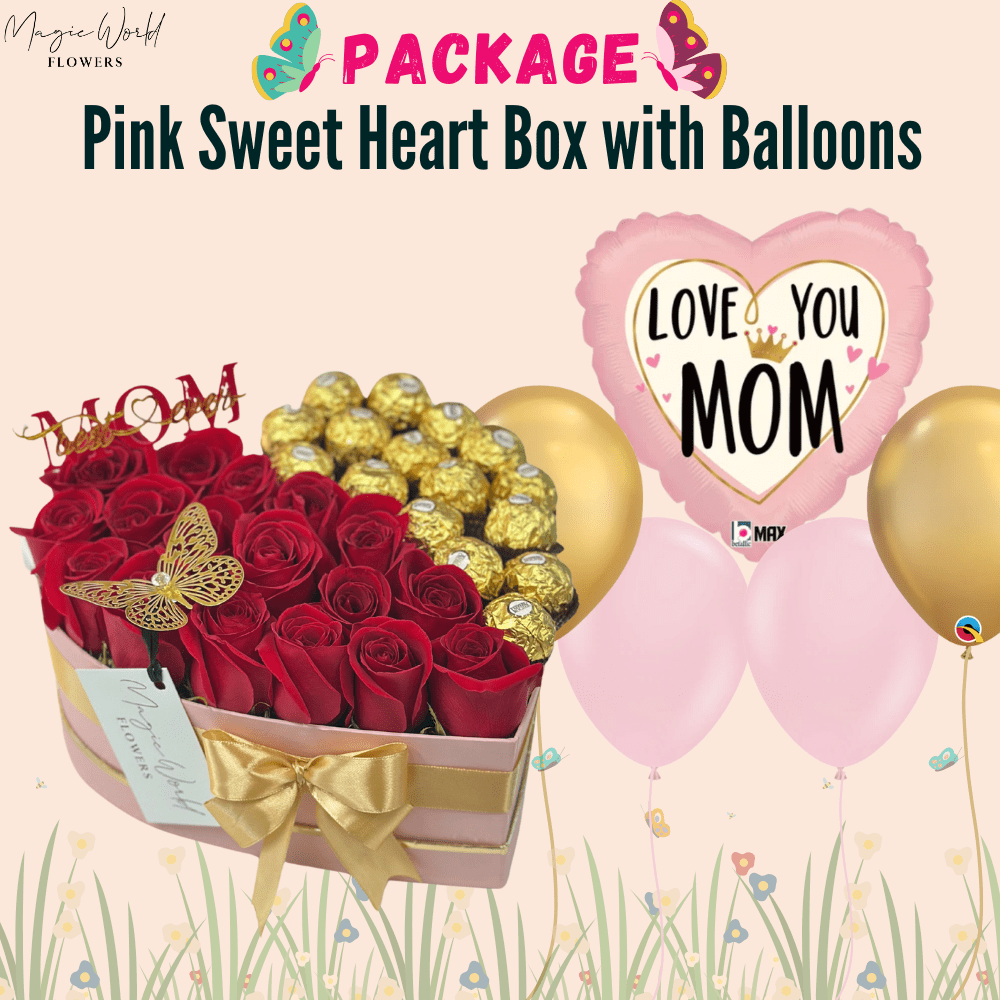 Mother’s Day Gift Package – Pink Heart Box with “I Love You Mom” Balloons - Mother's Day Collection - Magic World Flowers