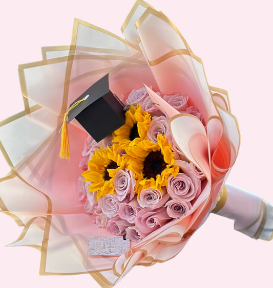 Pink Roses & Sunflowers – Graduation Flowers - Magic World Flowers