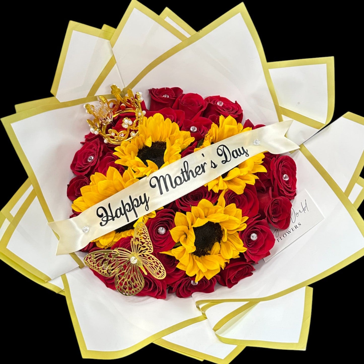 White Royalty – 25 Red Roses, Sunflowers & Crown - Mother's Day Collection - Magic World Flowers