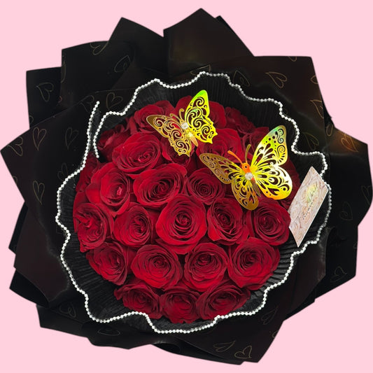 25 Red Roses Hearts and Butterflies - Best Seller - Magic World Flowers