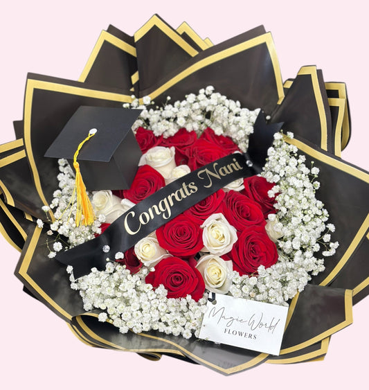 25 Roses with Baby’s Breath Rim – Graduation Flowers - Magic World Flowers
