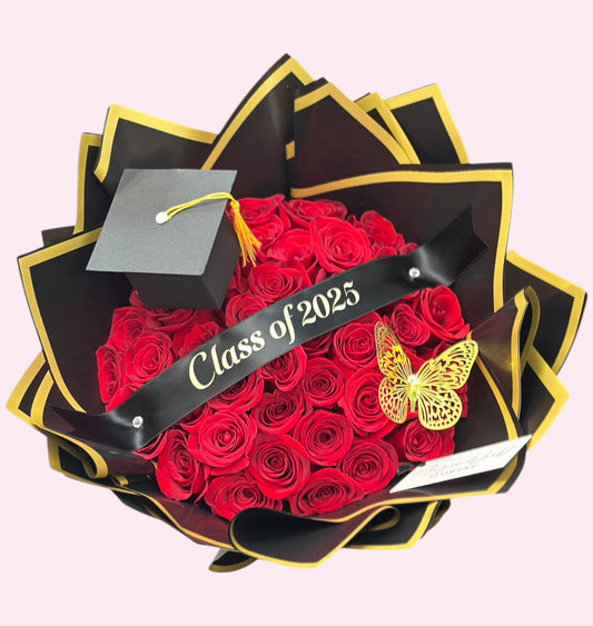 36 Red Roses with Banner – Graduation Flowers - Magic World Flowers