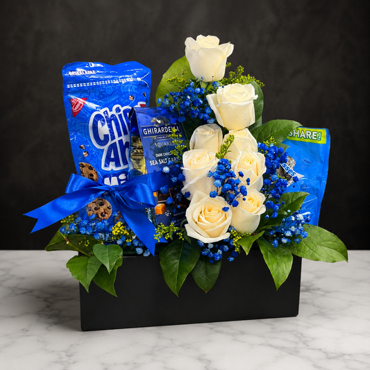 Royal Blue & White Roses Sweet Gift Box