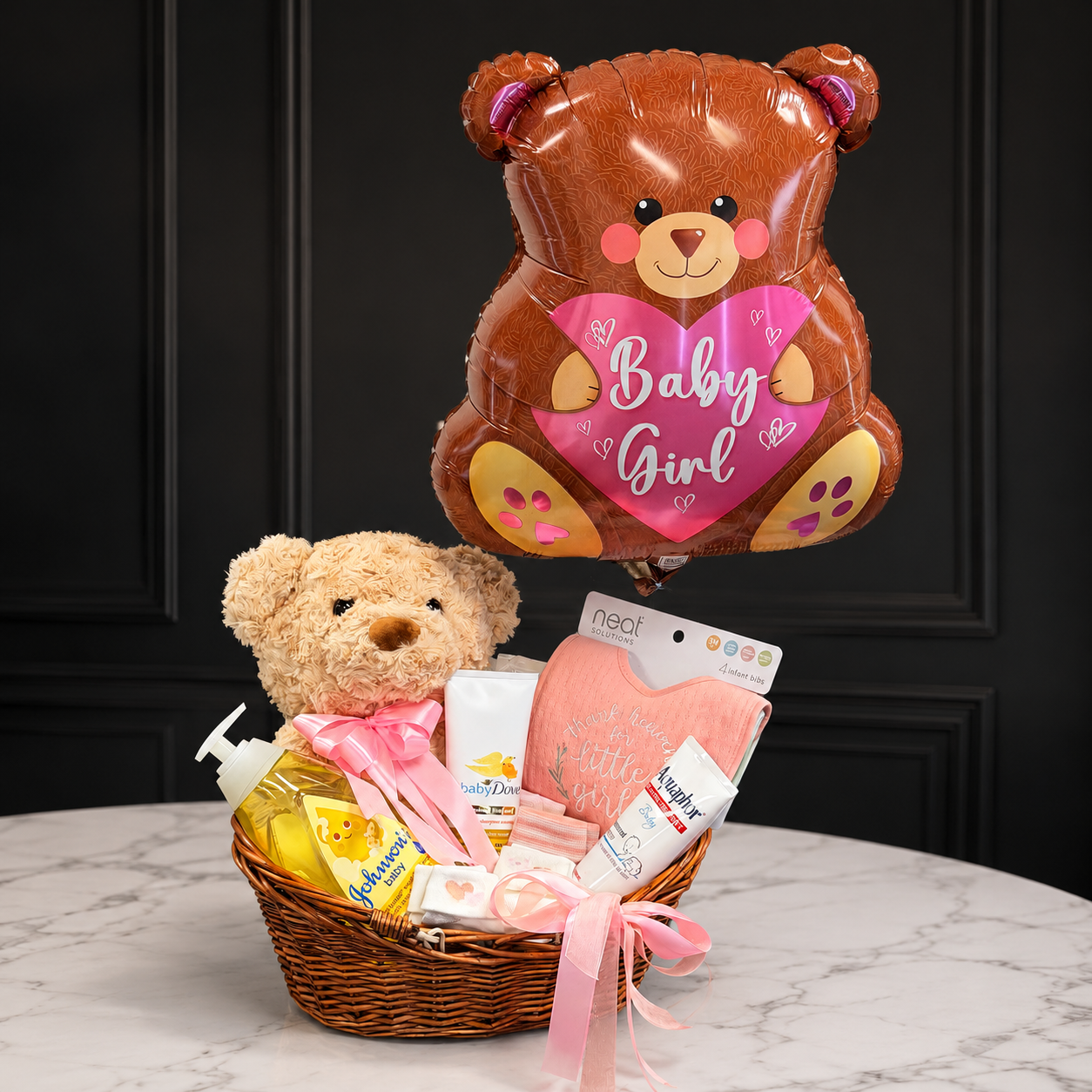 Baby Girl Gift Basket with Teddy Bear & Helium Balloon