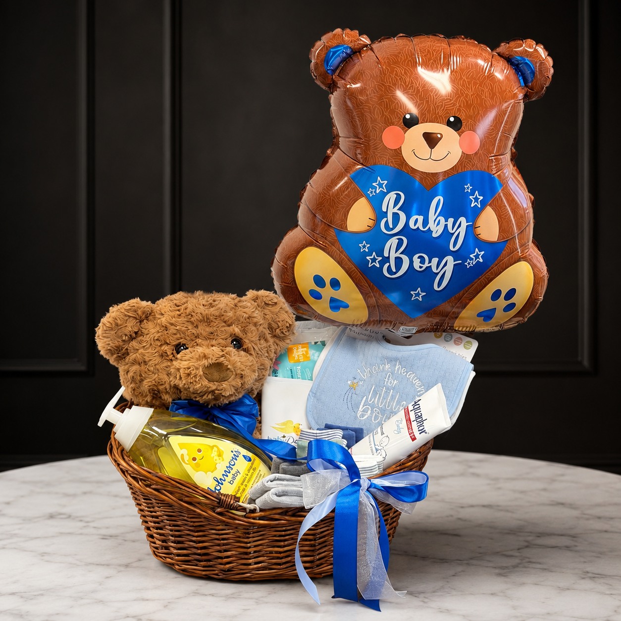 Baby Boy Gift Basket with Teddy Bear & Helium Balloon