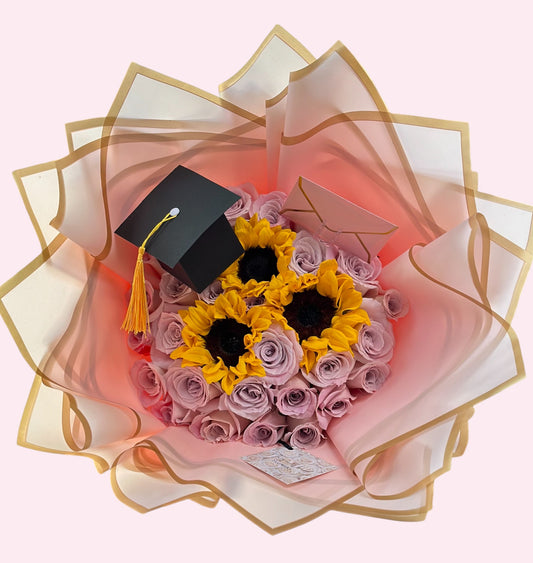 Pink Roses & Sunflowers – Graduation Flowers