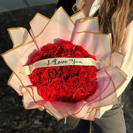 Artificial Glitter Red Roses Bouquet