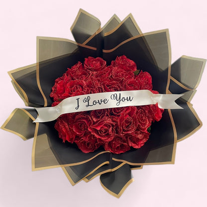 Artificial Glitter Red Roses Bouquet - Magic World Flowers