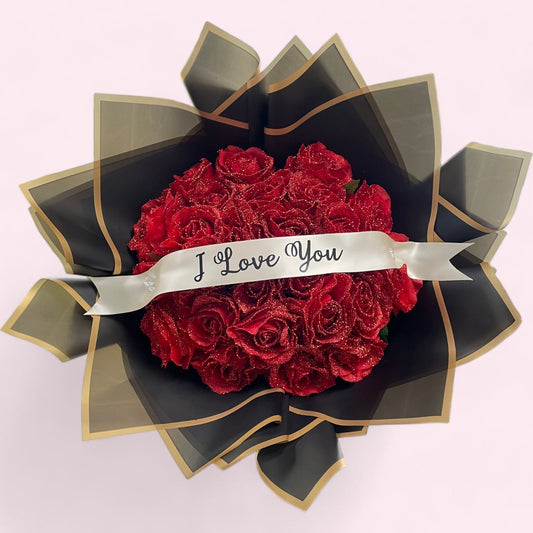 Artificial Glitter Red Roses Bouquet - Magic World Flowers