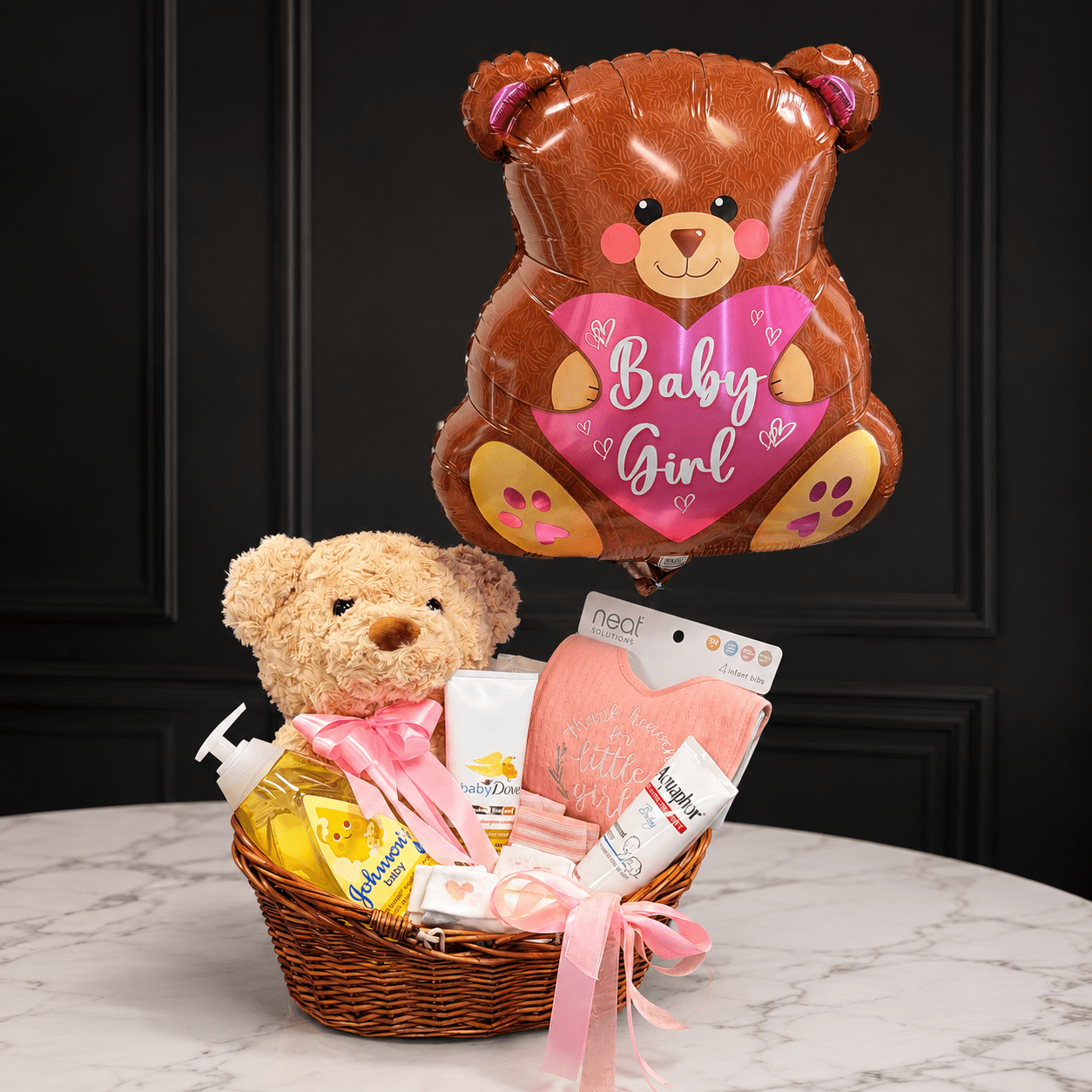 Baby Girl Gift Basket with Teddy Bear & Helium Balloon - Magic World Flowers