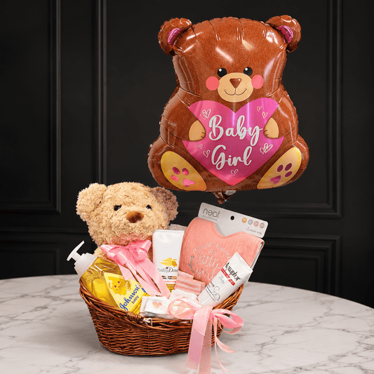 Baby Girl Gift Basket with Teddy Bear & Helium Balloon - Magic World Flowers