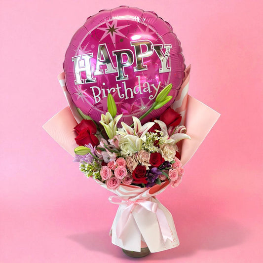 Birthday Floral & Balloon Mix – Floral Hand Bouquet - Magic World Flowers