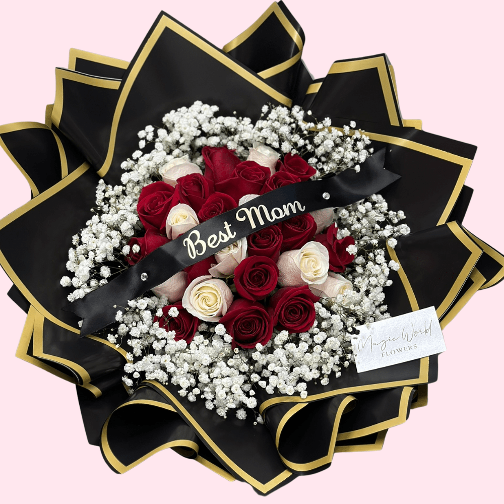 Blooming Grace – 24 Roses with Baby’s Breath & Banner - Mother's Day Collection - Magic World Flowers