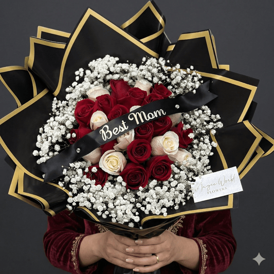Blooming Grace Bouquet | 25 Red & White Roses with Baby's Breath — Mother's Day - Magic World Flowers