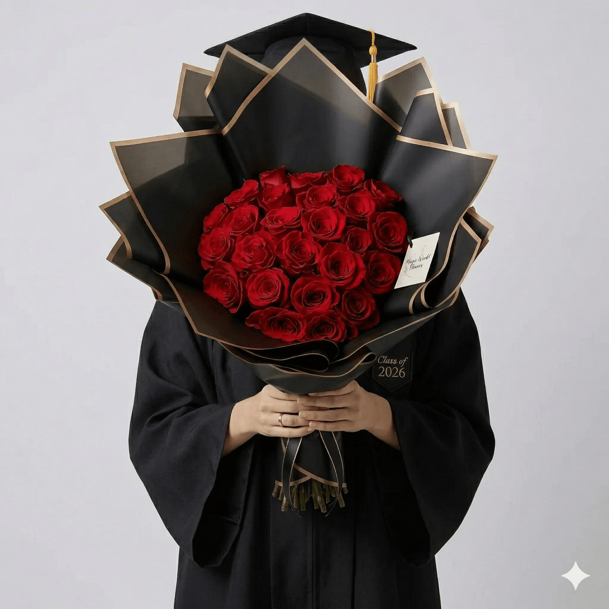 Classic Graduation Bouquet 25 Red Roses | Black & Gold - Magic World Flowers