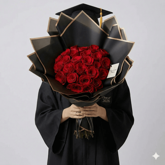 Classic Graduation Bouquet 25 Red Roses | Black & Gold - Magic World Flowers