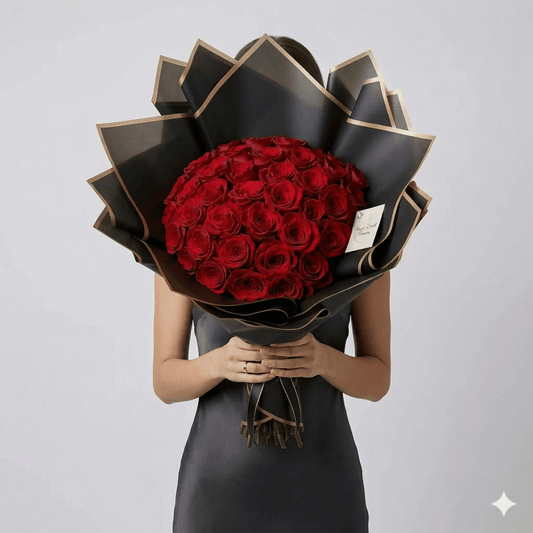 Classic Mother's Day Bouquet | 36 Red Roses — Black & Gold - Magic World Flowers