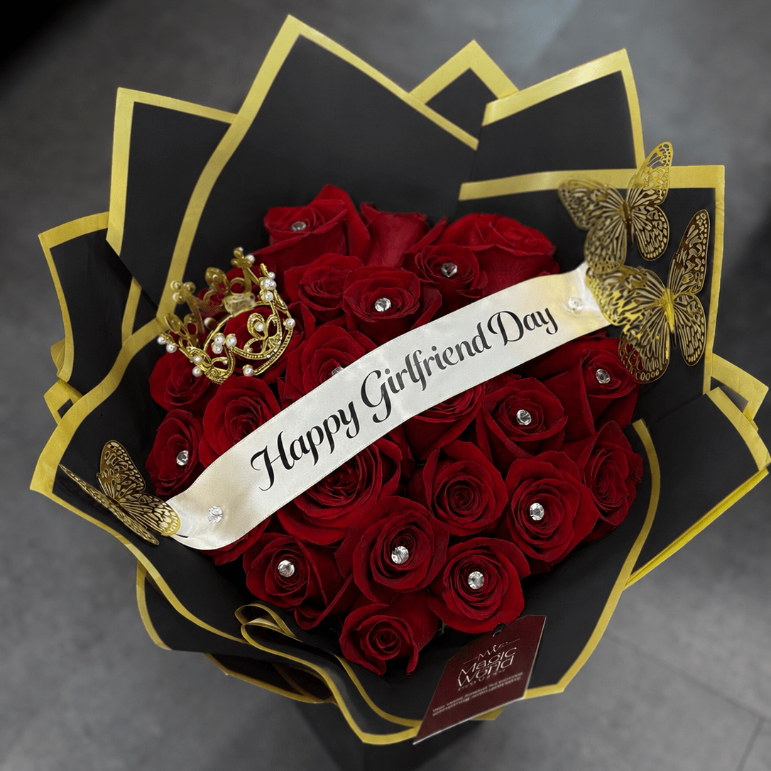 Crowned in Love Bouquet (Black Wrapping) - National Girlfriend Day - Magic World Flowers