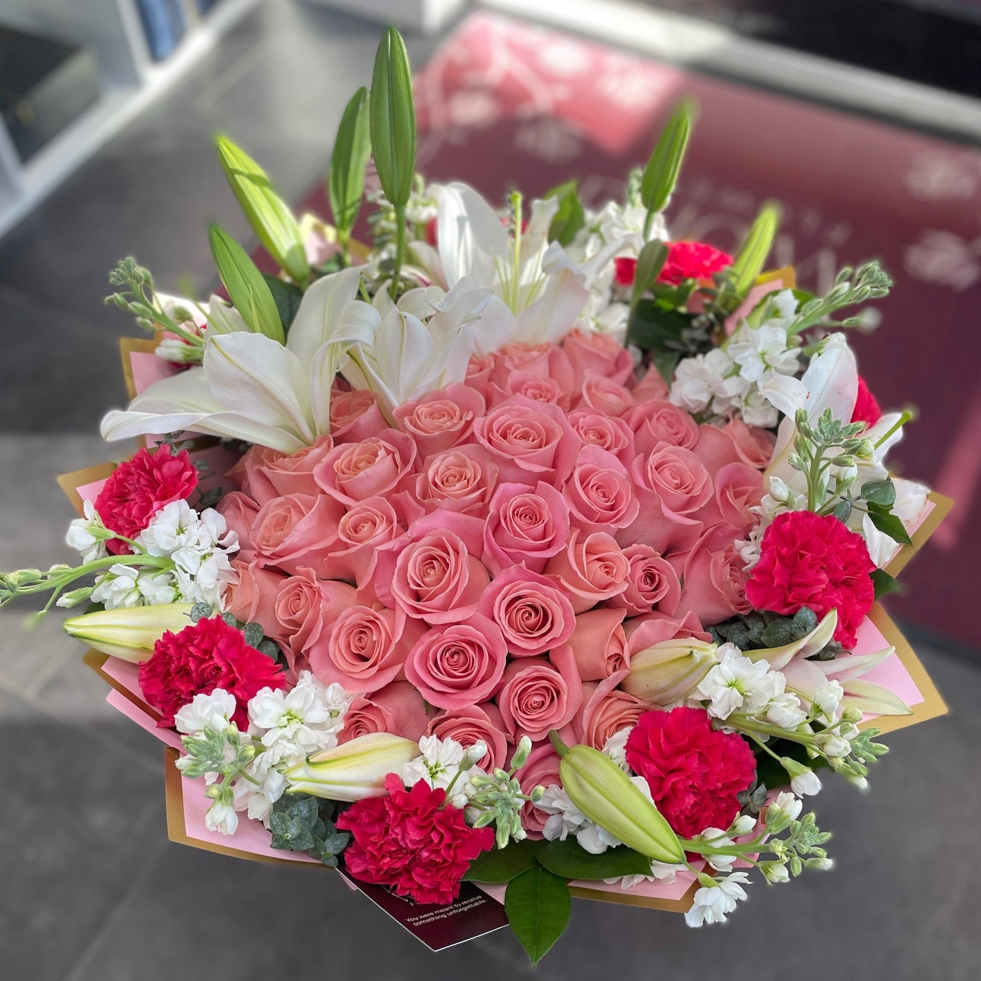 Custom Banner Pink Roses, Lilys & Carns Bouquet - Best Seller - Magic World Flowers