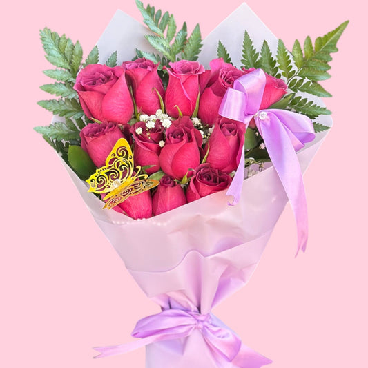 Dozen Lavender Roses – Hand Wrapped with Butterfly Accent - Magic World Flowers