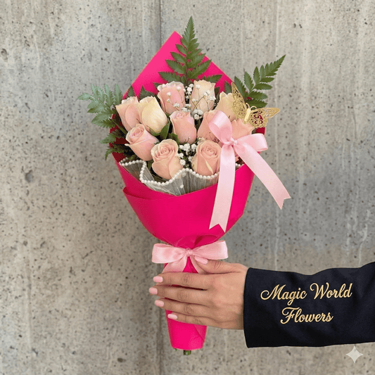 Dozen Pink Roses Bouquet – Hand Wrapped with Butterfly Accent - Magic World Flowers