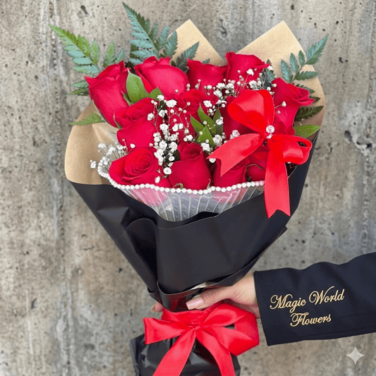Dozen Red Roses Bouquet – Hand Wrapped with Bow & Butterfly - Magic World Flowers
