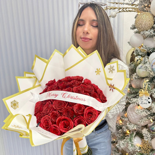 Glitter Roses with Custom Banner - Christmas - Magic World Flowers