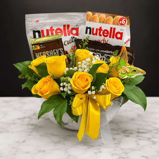 Golden Yellow Roses & Sweet Treats Arrangement - Magic World Flowers