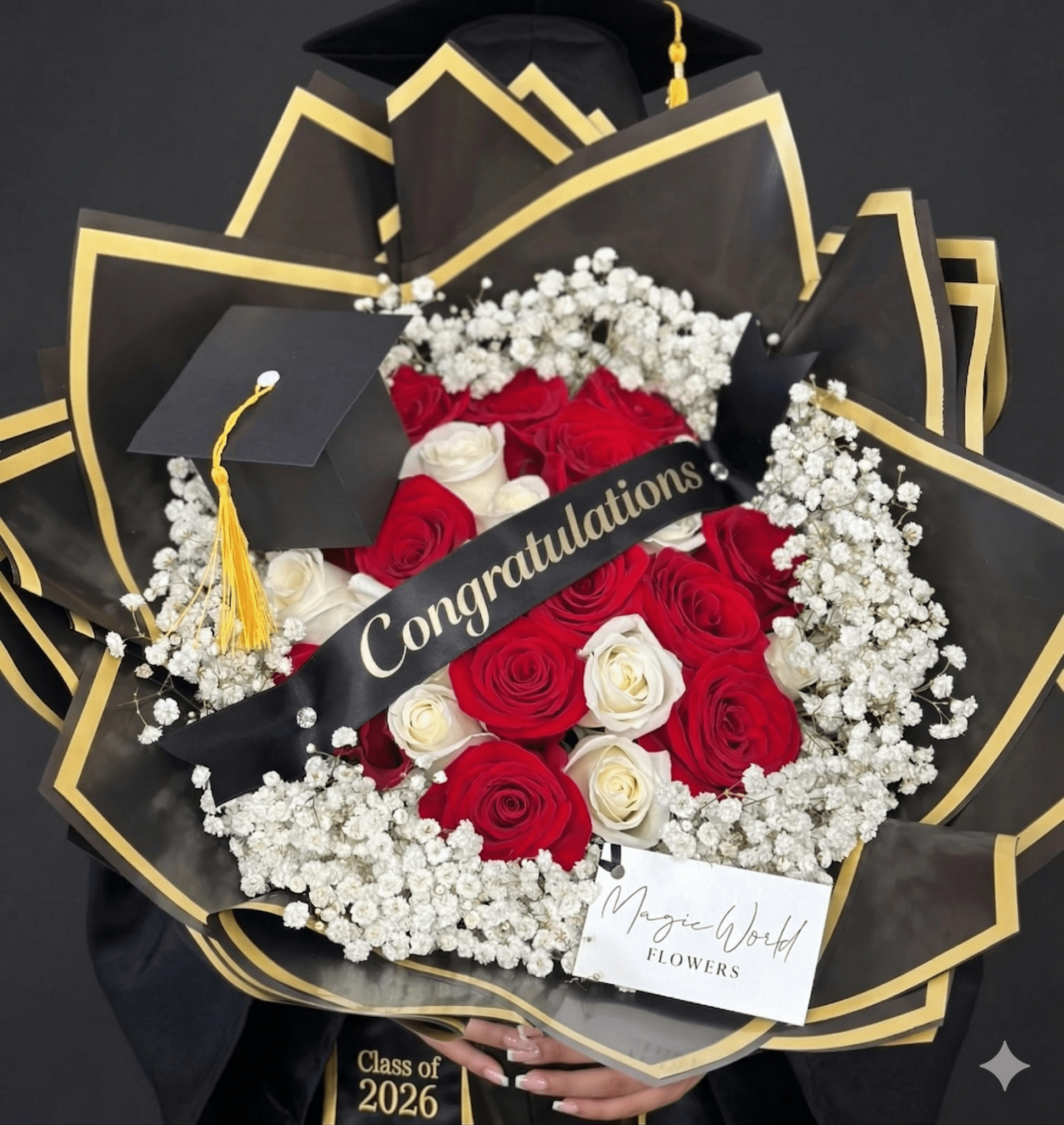 Graduation Bouquet 25 Roses with Baby's Breath Rim | Congratulations - Magic World Flowers