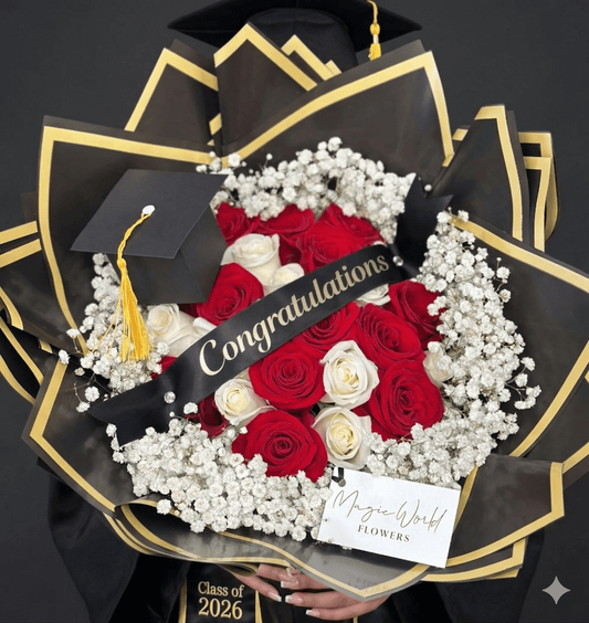 Graduation Bouquet 25 Roses with Baby's Breath Rim | Congratulations - Magic World Flowers