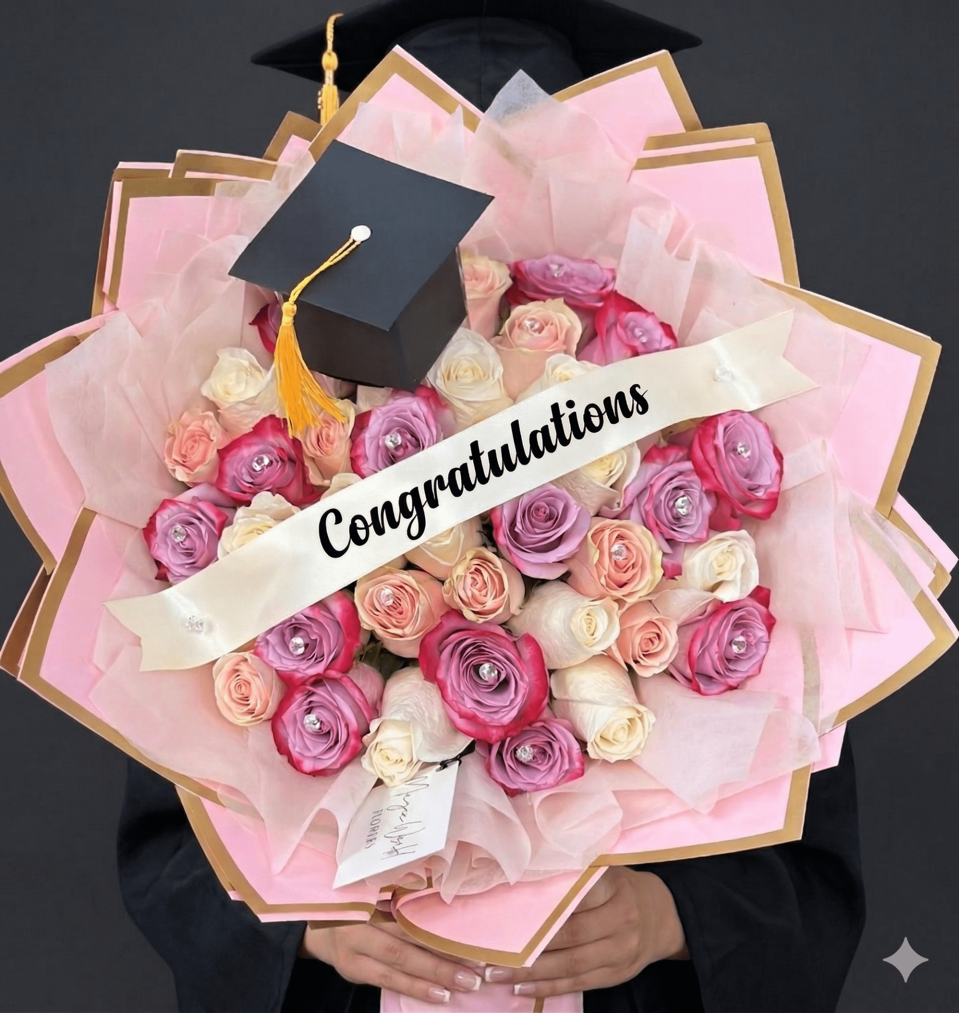 Graduation Bouquet 36 Pastel Roses with Crystals | Congratulations - Magic World Flowers