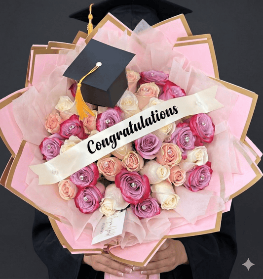 Graduation Bouquet 36 Pastel Roses with Crystals | Congratulations - Magic World Flowers