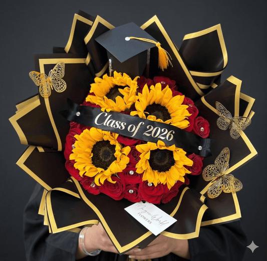 Graduation Bouquet Class of 2026 | Red Roses & Sunflowers - Magic World Flowers