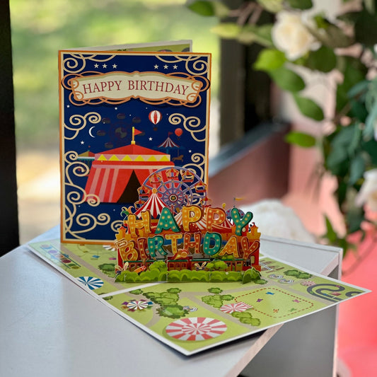 Happy Birthday Pop Up Card - Blue - Magic World Flowers