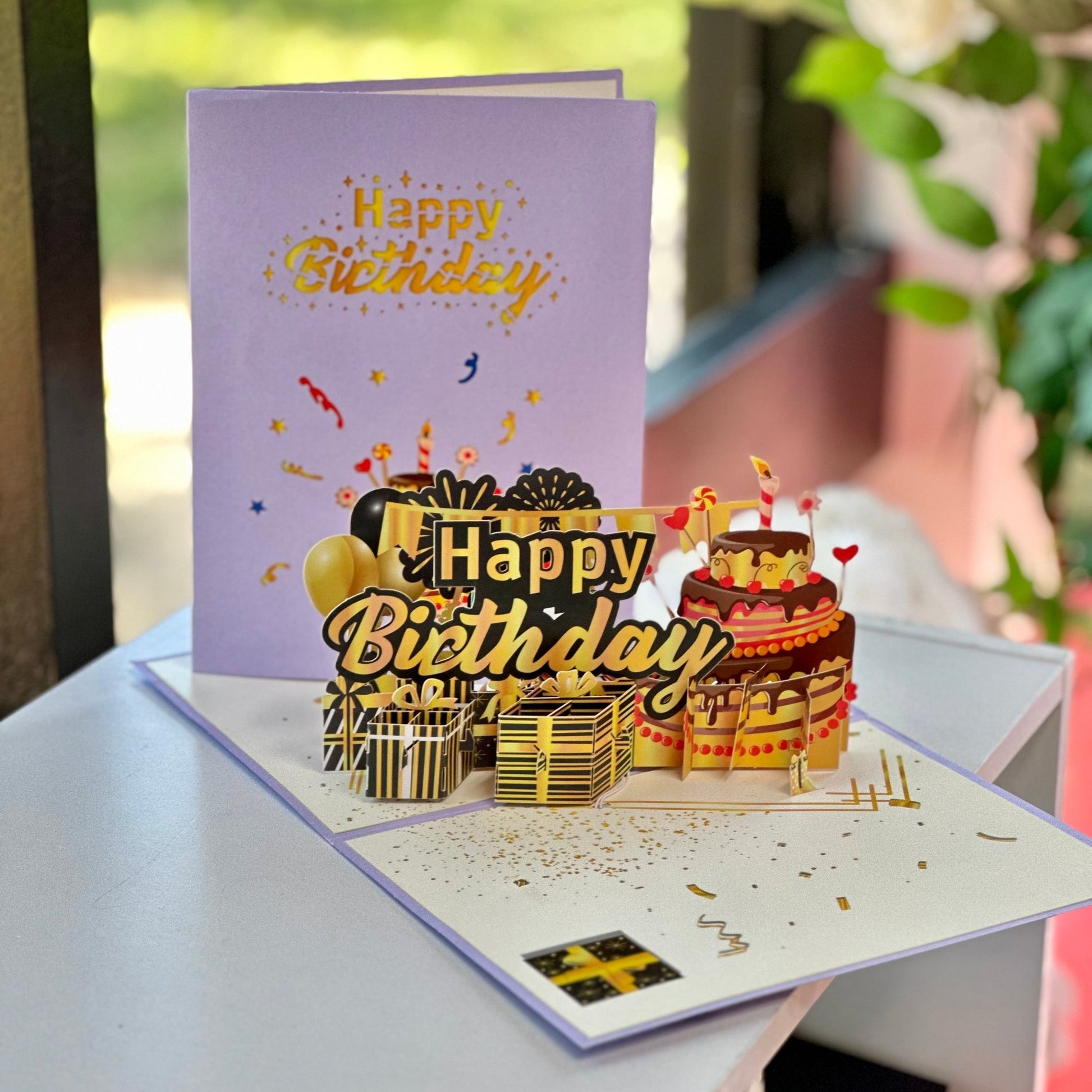 Happy Birthday Pop Up Card - Gold - Magic World Flowers