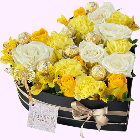 Heart Box of Yellow Flowers - Flores Amarillas Collection - Magic World Flowers