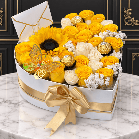 Heart Box of Yellow Flowers - Flores Amarillas Collection - Magic World Flowers