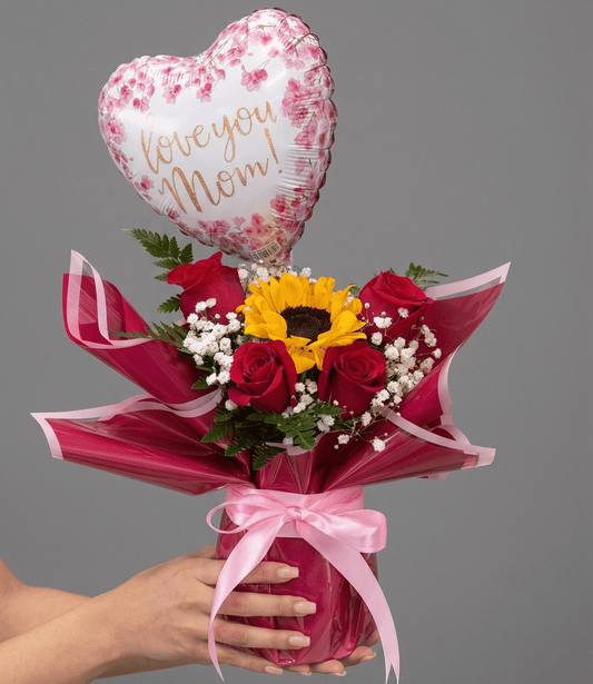 I Love You Mom Mason Jar Arrangement | Roses, Sunflower & Balloon - Magic World Flowers