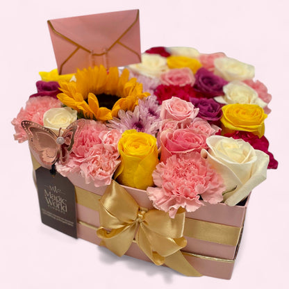 Love Heart Box - Mixed Blooms (Daily available blooms) - Magic World Flowers