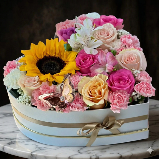 Love Heart Box - Mixed Blooms (Daily available blooms) - Magic World Flowers