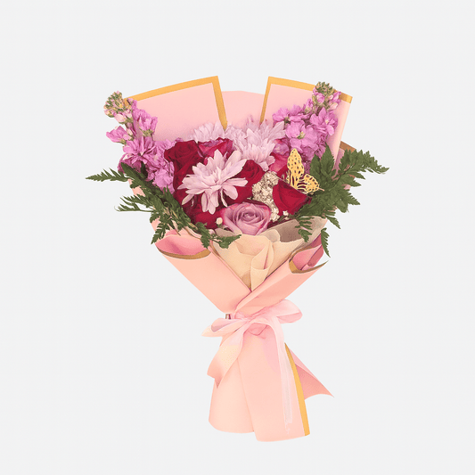 Mix Flower Bouquet - Pink Wrapping - El Barber Shop Irving - Magic World Flowers